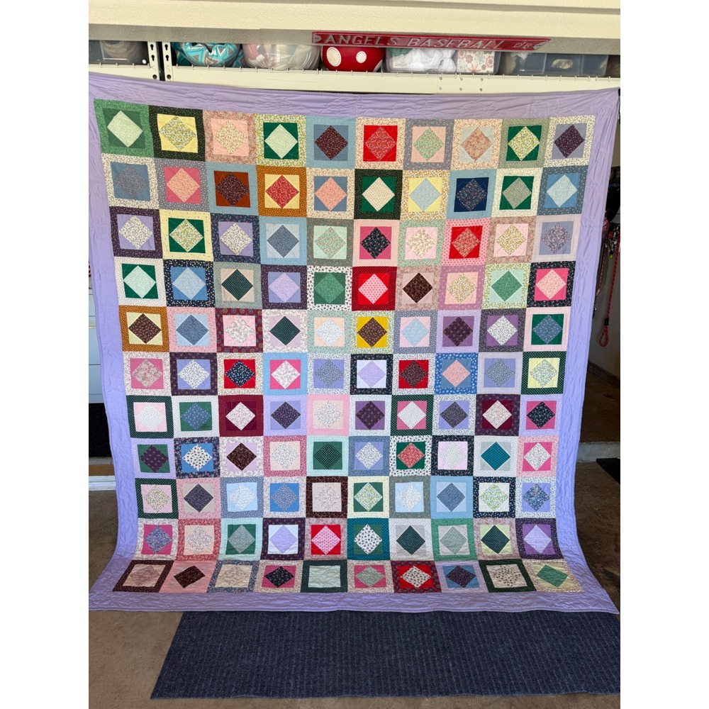 Handmade Patchwork Quilt 95x103 Lavender Border Floral Diamond Square May 2002